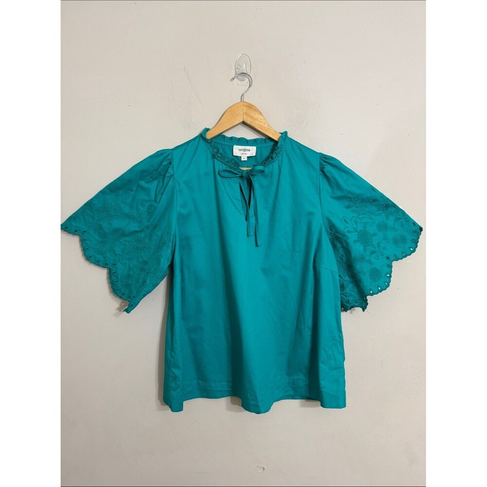 Umgee Teal Tie-Neck Eyelet Sleeve Blouse size M Cottagecore Coquette